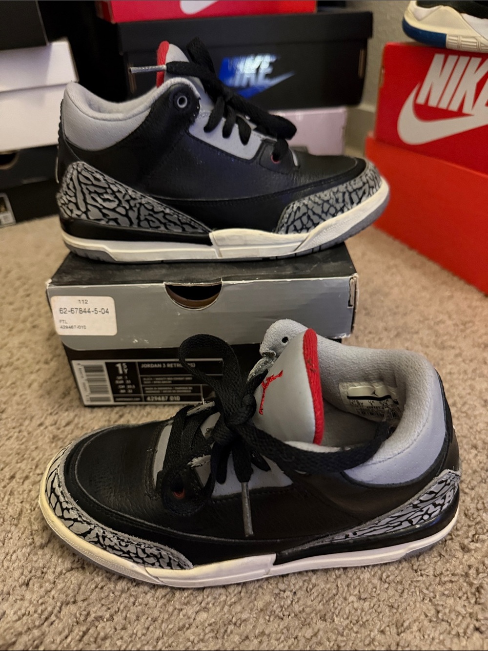 Jordan 3 Kids Black and Grey Elephant Print Sneakers with Red Tongue Accent
